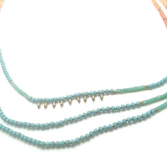 3 Strand Beaded Necklace Silver-tone Round Spacers & Spikes on 2 Leather Cords - Picture 13 of 16